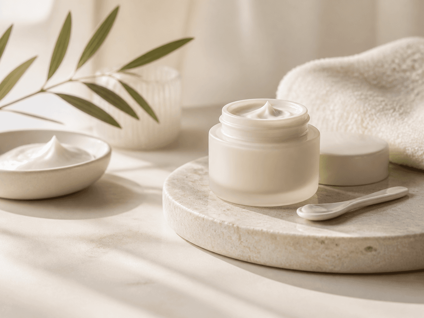 Crème riche en céramides présentée dans un pot ivoire, avec une spatule en céramique
