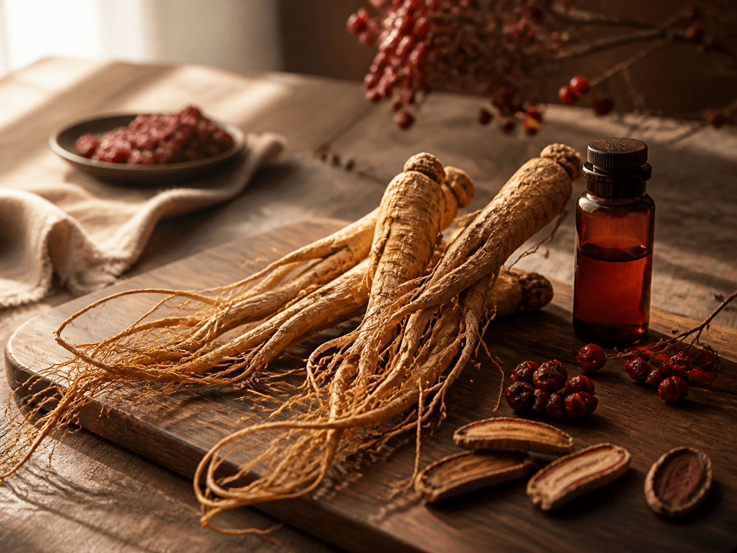 Racines de ginseng rouge et ingrédients botaniques sur une table en bois
